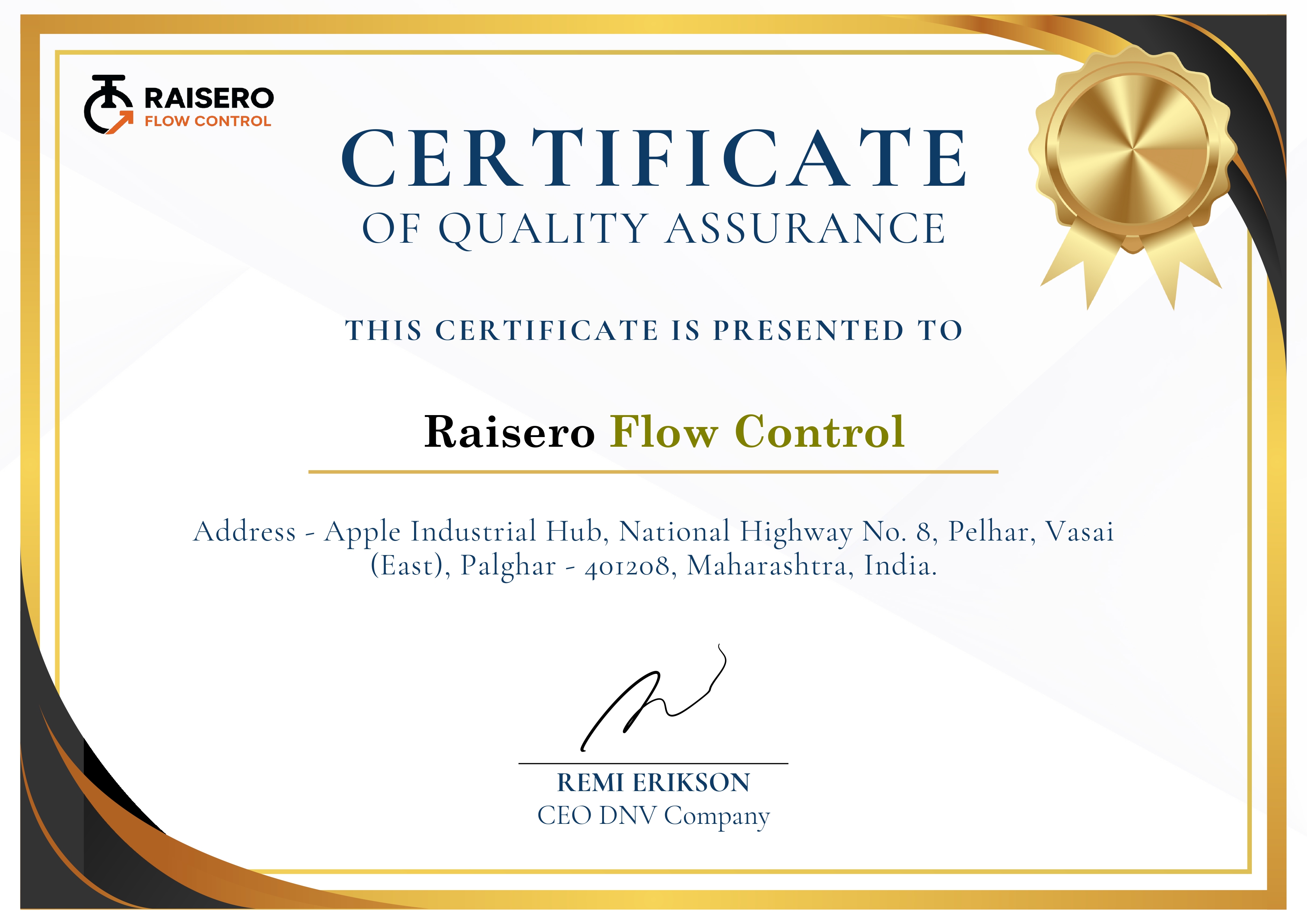 Quality Assurance Certificate